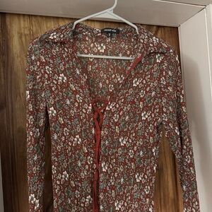 French Kiss Floral Lace-Up Blouse - Rust and White